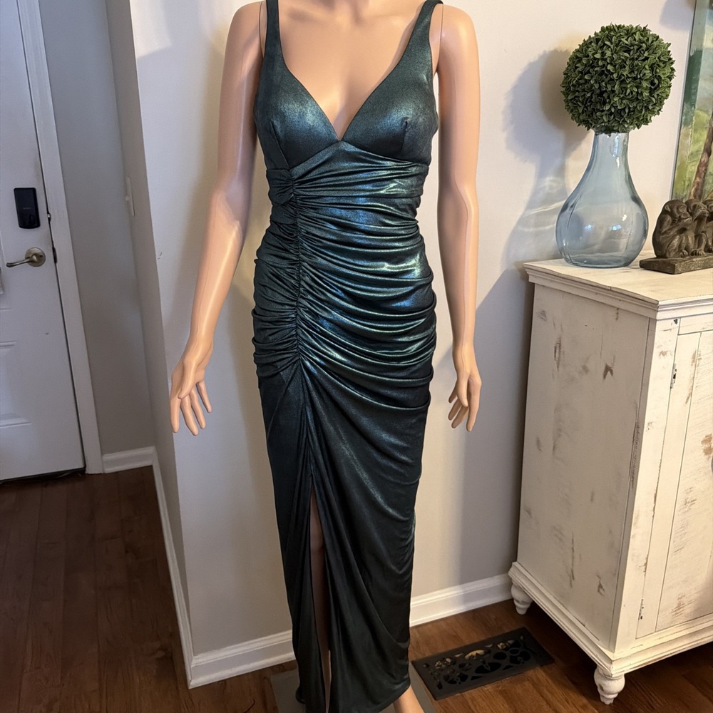 Betsy & Adam Mardi Gras Green Ruched Shiny Jersey Long Gown Side Slit Size 4